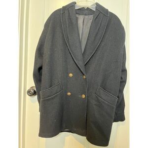 Vintage Elegance Couture Black Oversized Coat Gold Buttons Pleated Shoulders USA